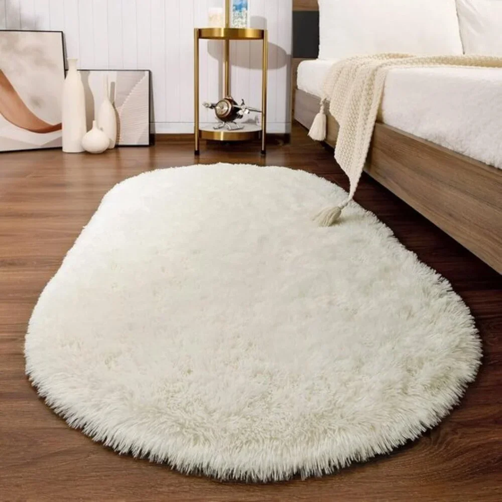 New 2.6x5.3 Fluffy Cream Rug, Soft Oval Shag Carpet for Home, Bedroom & Nursery